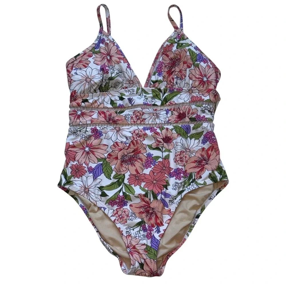 Kona Sol women’s ladder trim One Piece swimsuit multi color floral size LARGE
